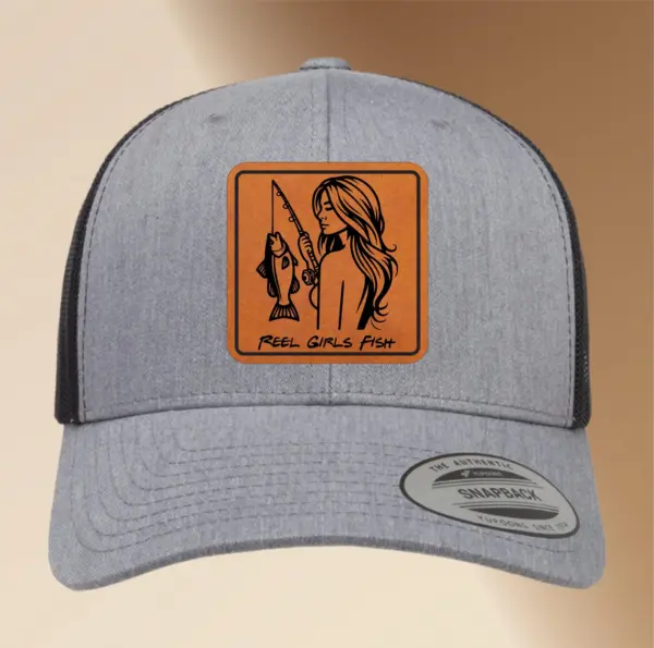 Personalized Engraved Leather Patch Girl Fishing Hat | Custom Adjustable Trucker Hat Gift | Men's Snapback Cap, Fishing Accessory Fisher Hat - Image 3