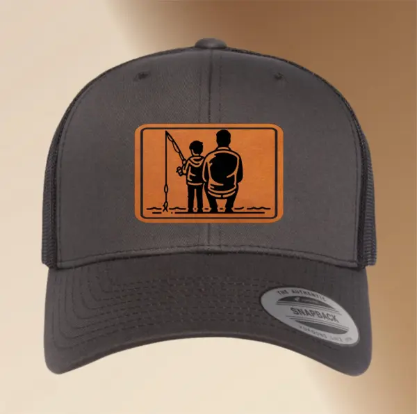 Engraved Leather Patch Dad Fishing Hat | Custom Adjustable Trucker Hat Gift, Personalized Men's Snapback Cap, Fishing Accessory | Fisher Hat - Image 3