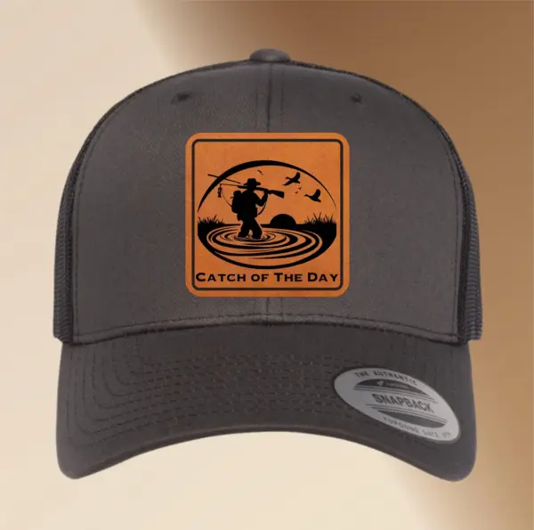 Personalized Leather Patch Hunting & Fishing Hat- Engraved Trucker Hat, Custom Men’s Snapback Cap, Adjustable Gift for Fishermen and Hunters - Image 3