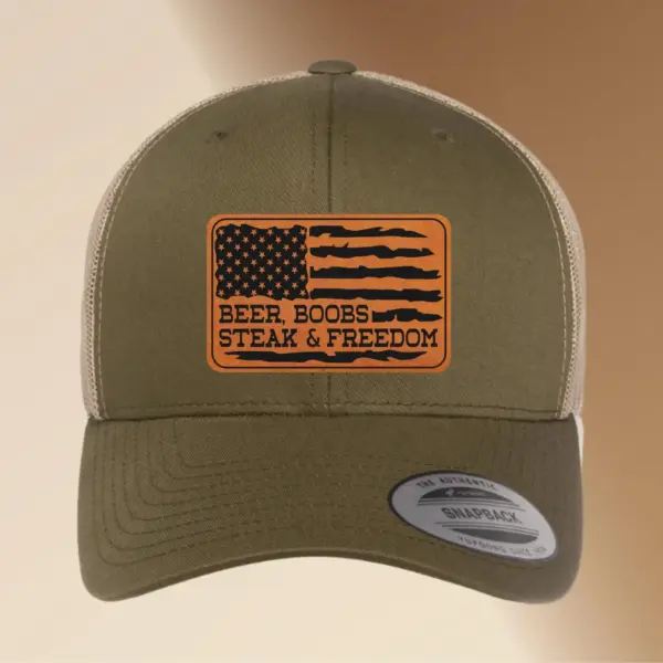 Beer Boobs Steak & Freedom Hat – Leather Patch Baseball Cap – Engraved American Flag Patriotic Hat – Funny Gift for Him, Dad, or Husband - Image 4