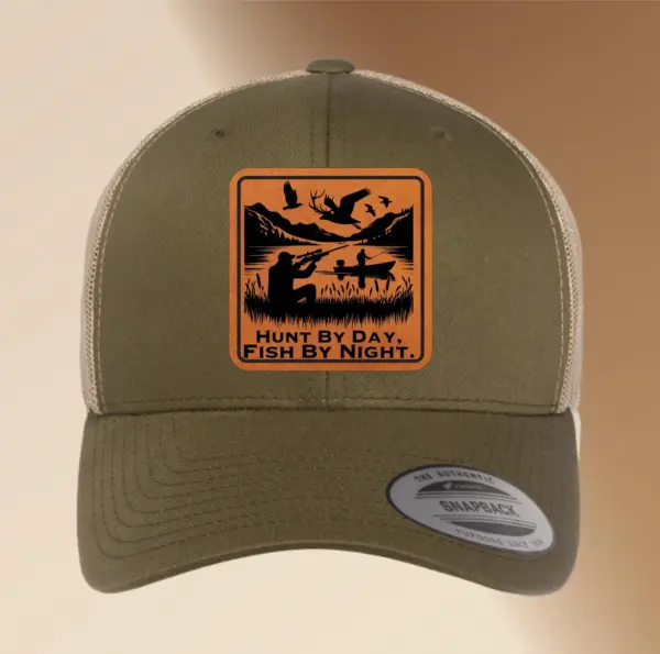 Personalized Leather Patch Hunting & Fishing Hat- Engraved Trucker Hat, Custom Men’s Snapback Cap, Adjustable Gift for Fishermen and Hunters - Image 4