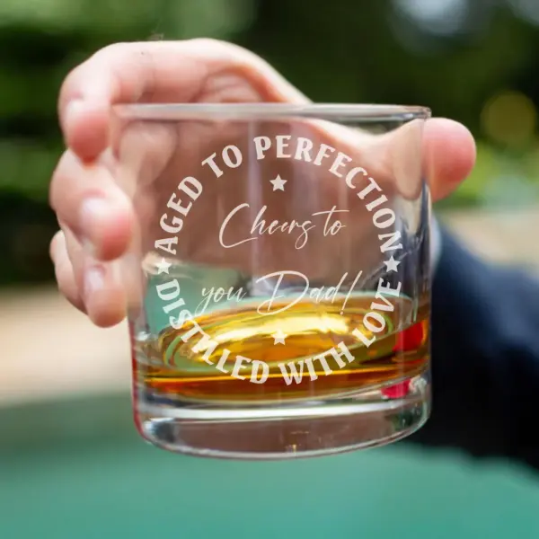 Personalized Engraved Whiskey Glass "Aged to Perfection" Rocks Glass Gift for Dad | Custom Bottom or Side Engraving | Fathers Day Gift - Image 5